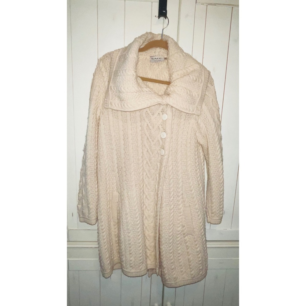 SAOL Ireland Womens XXL Cream Aran Cable Knit Wool Asymmetric Coat Sweater